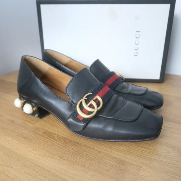 Gucci Shoes - Gucci GG Web Peyton Loafers Size 38.5 US 8.5 Black Leather Stripe Logo